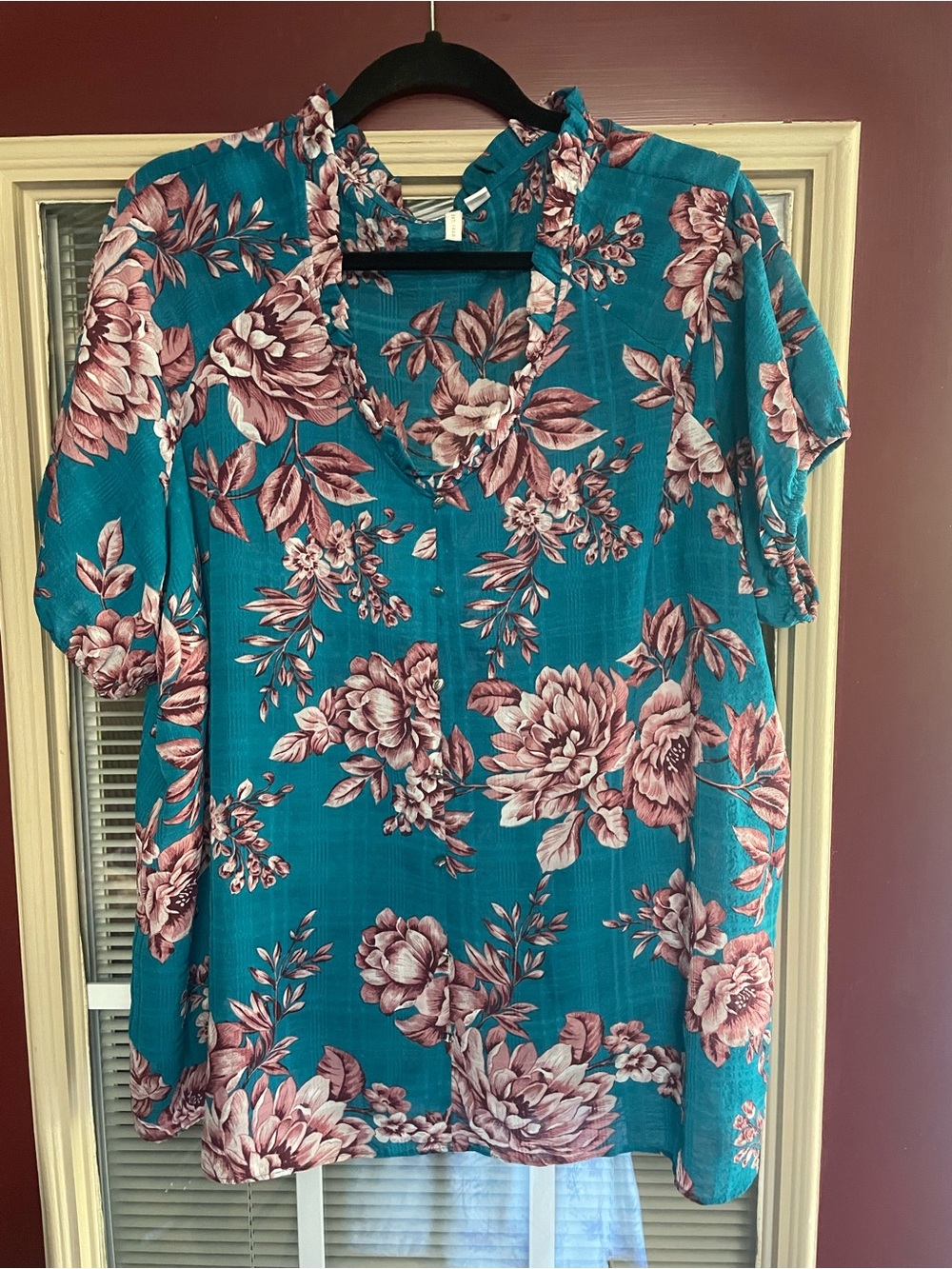 Teal Floral Short Sleeve V-Neck Blouse